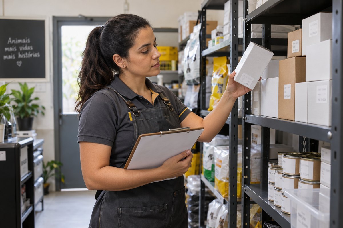Profissional conferindo caixas de produtos em uma prateleira de estoque