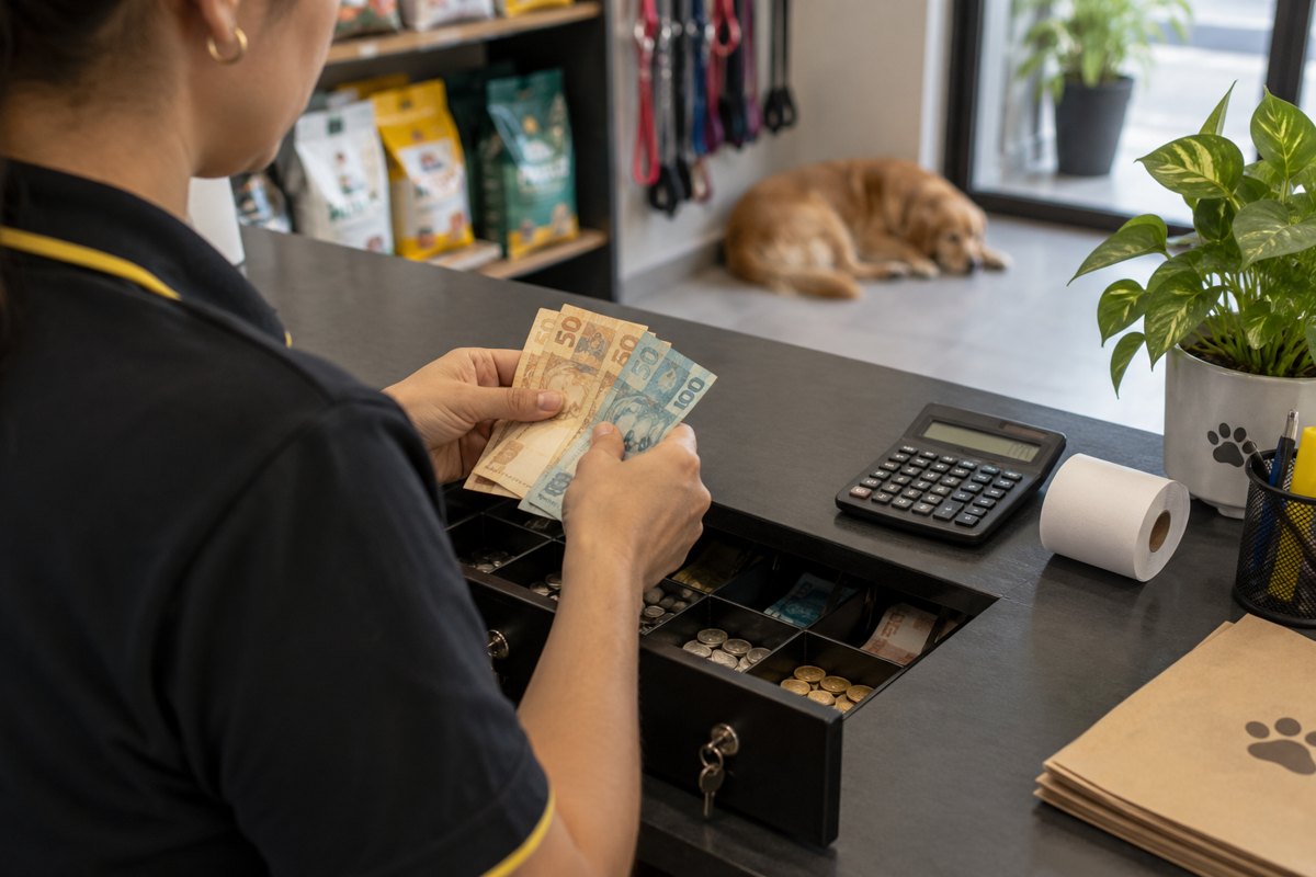 Conferência de dinheiro junto a uma gaveta de caixa no pet shop