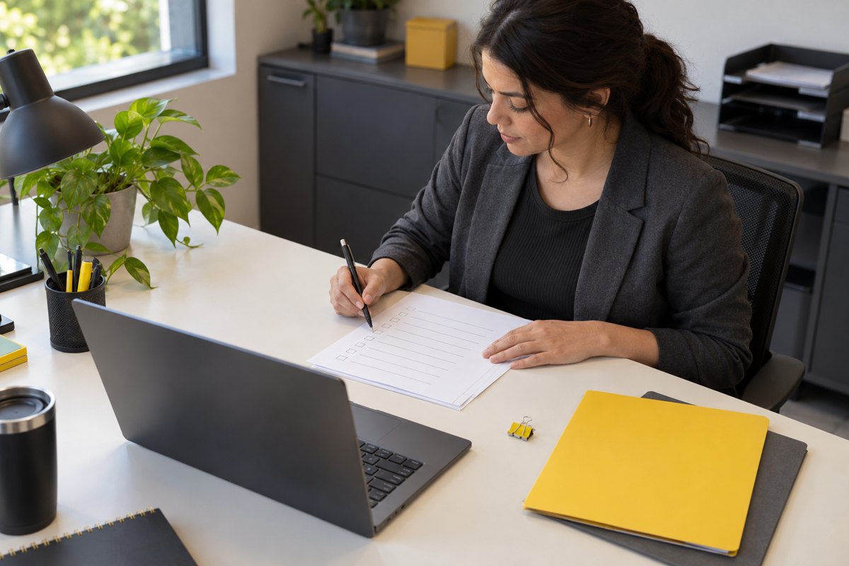 Gestora conferindo uma lista de preparação ao lado de um notebook