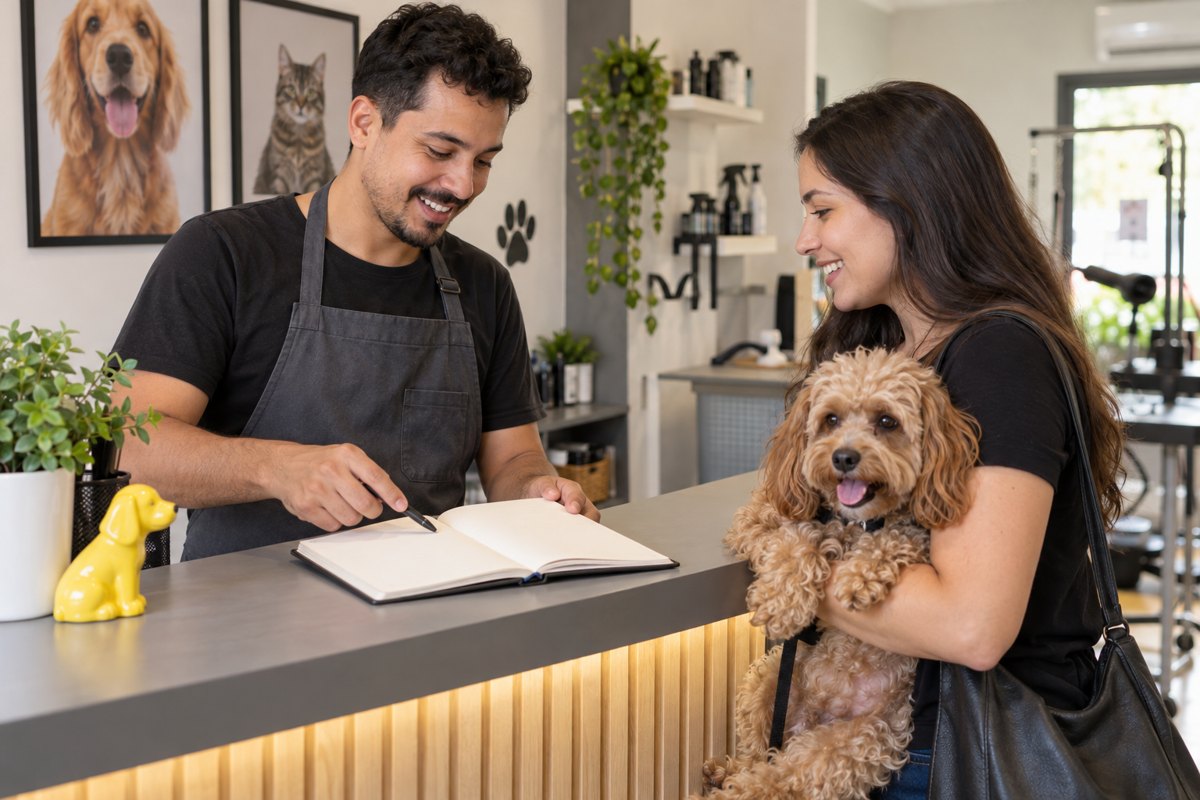 Profissional de pet shop conferindo um caderno na recepção com uma tutora e seu cachorro