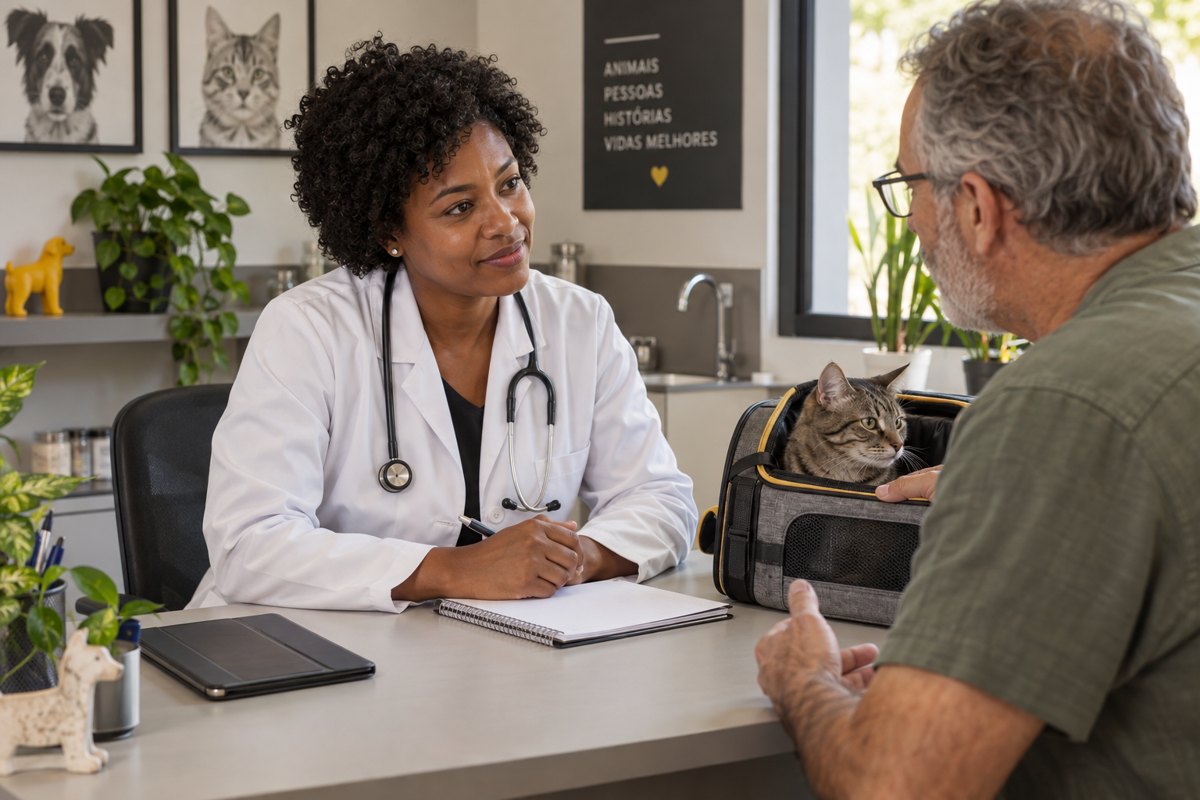 Veterinária ouvindo o tutor de um gato durante o atendimento