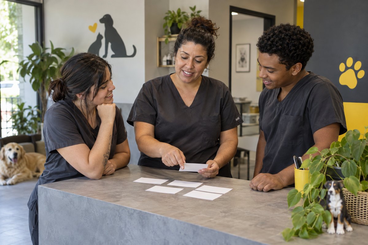 Equipe de recepção participando de uma orientação de trabalho