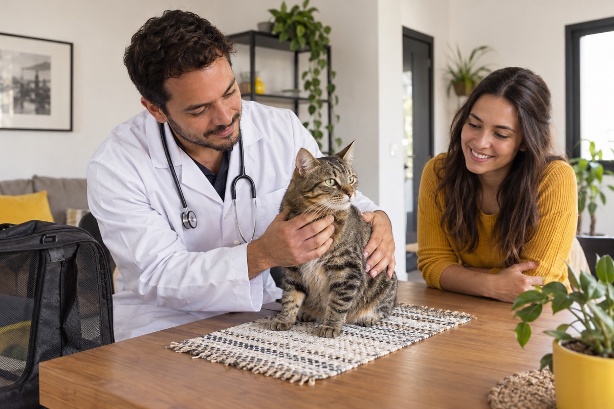 Veterinário atendendo um gato em domicílio com a tutora