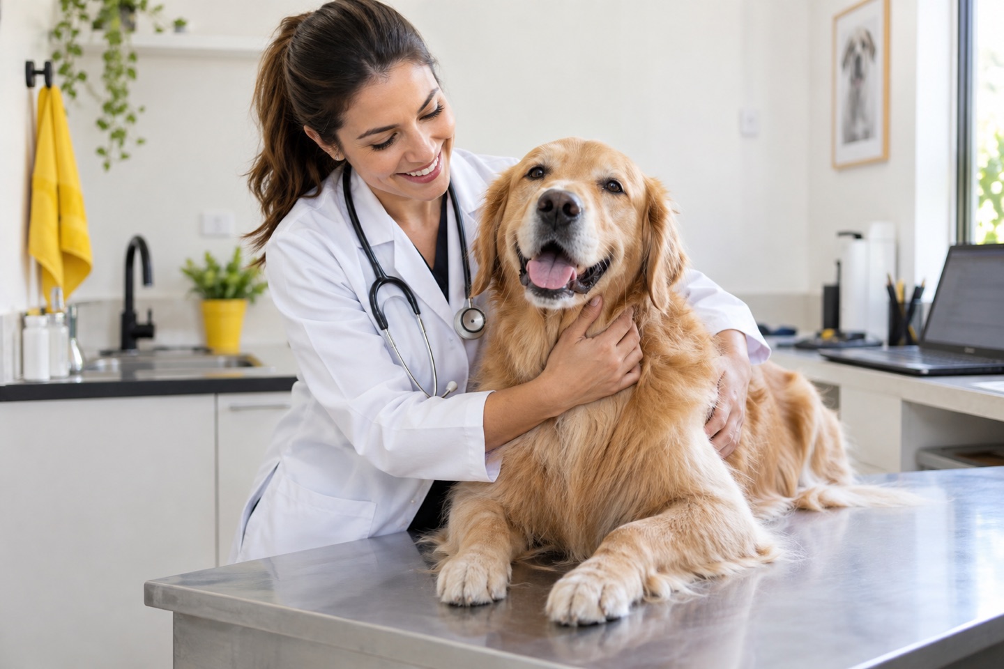 Veterinária cuidando de um cachorro em uma clínica